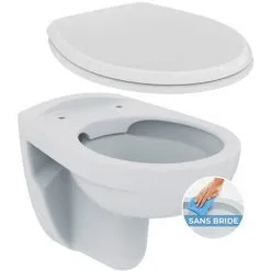 Porcher / Ideal Standard Pack WC Suspendu Sans Bride + Abattant Eurovit (PorcherRimless)